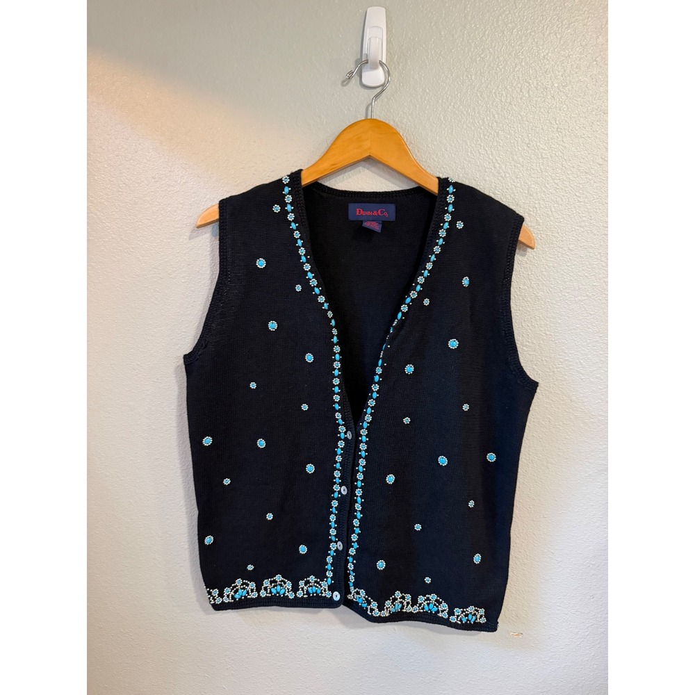 Denim & Co. Beaded Knit Vest Women Large Black Turquoise Southwestern